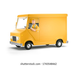 Cartoon yellow car with driver character. Truck delivery service and transportation. 3d illustration. 