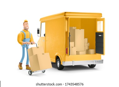 Cartoon yellow car with driver character. Truck delivery service and transportation. 3d illustration.  - Powered by Shutterstock