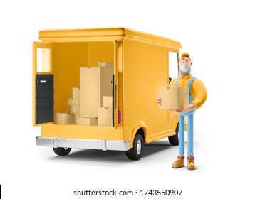 Cartoon Yellow Car With Driver Character In Medical Mask. Truck Delivery Service And Transportation. 3d Illustration. Safe Delivery Concept.