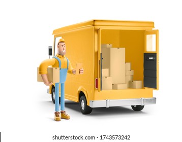 Cartoon yellow car with driver character. Truck delivery service and transportation. 3d illustration.  - Powered by Shutterstock