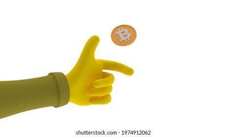 Cartoon Yellow Hand Tossing A Bitcoin Isolated On White Background. 3d Illustration