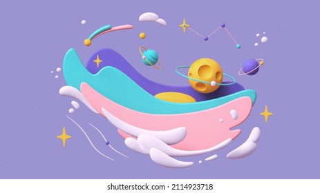 Cartoon yellow moon with craters floats in purple turquoise pink white clouds on lilac starry sky. Magic night backdrop with multicolor objects flying bubbles stars planets. 3d render in pastel colors