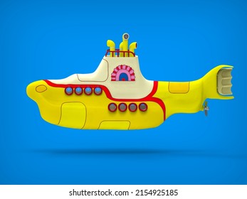 Cartoon yellow submarine side view isolated on deep blue. 3d illustration