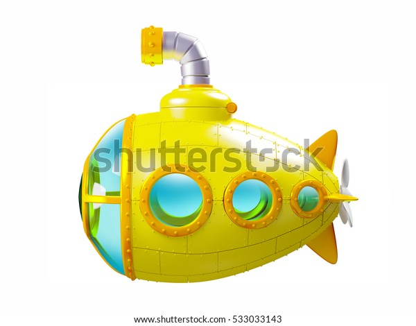 白い背景にカートーンの黄色の潜水艦の側面図 3dイラスト のイラスト素材