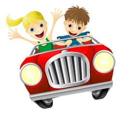 Cartoon Young Man And Woman Having Fun Driving A Red Convertible Car