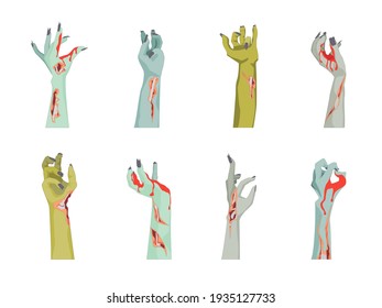 Cartoon Zombie Hand Icons Set Aggression, Scary and Creepy Concept Flat Design Style Different Types. illustration