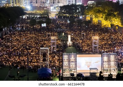 Cartoonist illustration of sea of candles at Victoria Park, Hong Kong at June 4 Candlelight Vigil for the Tiananmen Massacre in 1989 (Translation: Vindicate June Fourth, End Dictatorship)