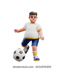 Cartoon-style 3D character in athletic outfit standing with one foot on a soccer ball, ready to play with focus and energy.