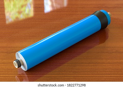 Cartridge Membrane For Water Filtration RO (reverse Osmosis) On The Wooden Table, 3D Rendering  