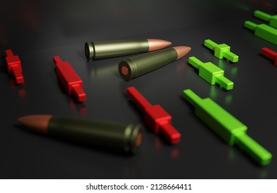 Cartridges and bullets on the forex chart, ammunition with Japanese candles on a dark background, the concept of volatility in military operations, 3d rendering