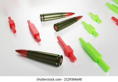 Cartridges and bullets on the forex chart, ammunition with Japanese candles on a light background, the concept of volatility in military operations, 3d rendering