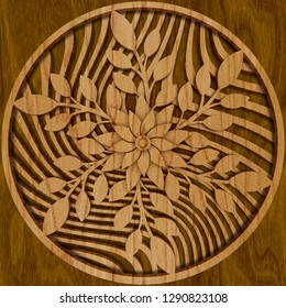Carved geometric pattern with flower on wood background texture, panel, 3d illustration