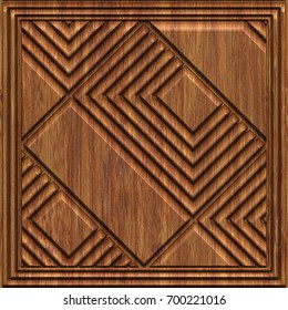 Carved Geometric Pattern On Wood Background Texture, Panel, 3d Illustration