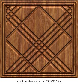 Carved Geometric Pattern On Wood Background Texture, Panel, 3d Illustration