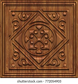 Carved Geometric Pattern On Wood Background Texture, Panel, 3d Illustration
