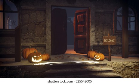 Carved Halloween Pumpkins And Welcome Sign On The Porch Of The Gloomy House At Night. Realistic 3D Illustration Was Done From My Own 3D Rendering File.