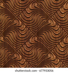 Carved Pattern On Wood Background Seamless Texture, 3d Illustration