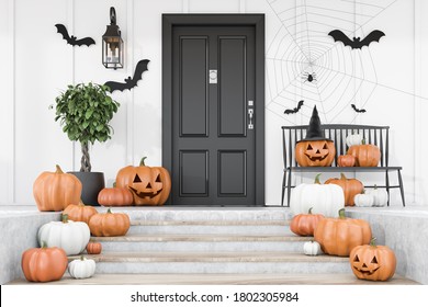 Carved pumpkins  bats   spiders stairs   bench near modern house and black front door  tree in pot   white walls  Concept halloween  3d rendering