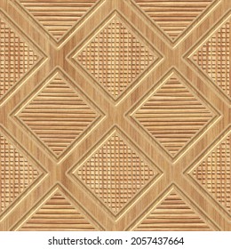 Carved wood background with  diamond square pattern, seamless texture, patchwork pattern, 3d illustration