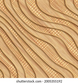 Carved wood background with waves pattern, seamless texture, patchwork pattern, 3d illustration
