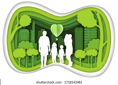 Carving Design Of City Urban, Father, Mother, Son And Baby With Green Nature As Happy Family, Quality Of Life, Ecology Idea, Paper Cut Art And Craft Style Concept.