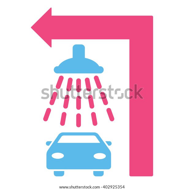 Carwash Turn Left raster illustration for\
street advertisement. Style is bicolor pink and blue flat symbols\
on a white\
background.