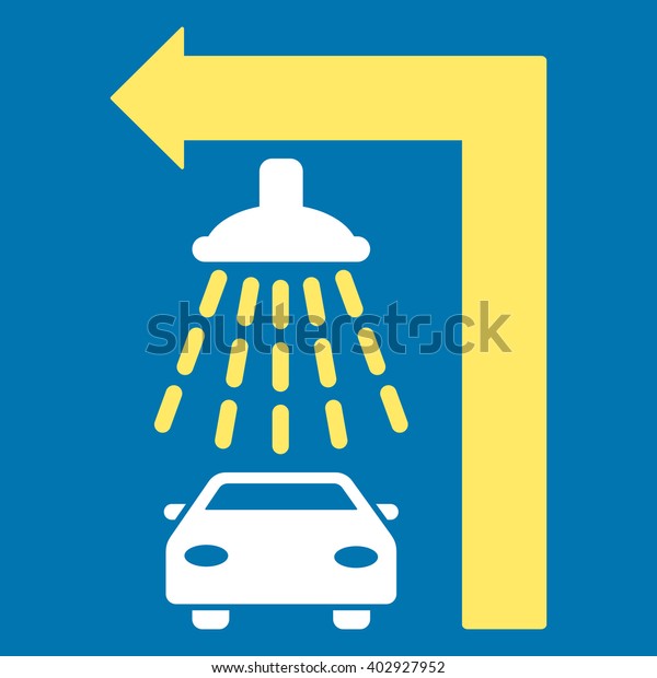 Carwash Turn Left raster illustration for\
street advertisement. Style is bicolor yellow and white flat\
symbols on a blue\
background.