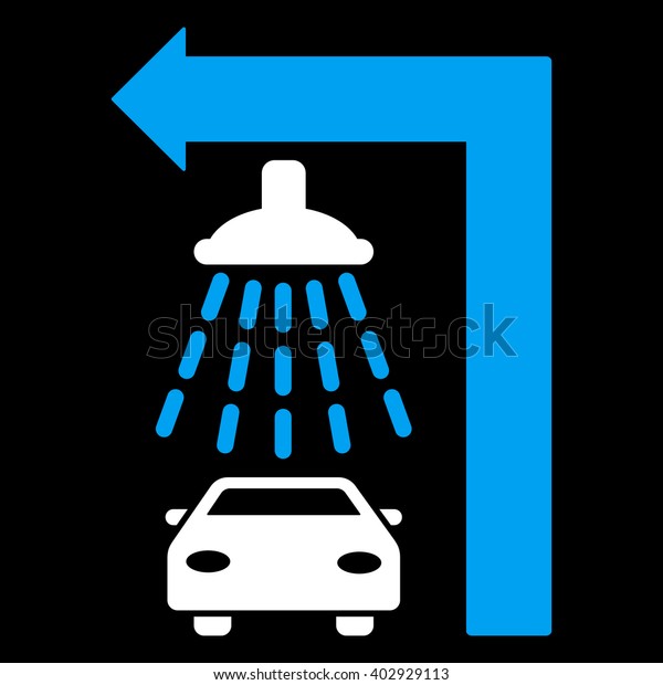 Carwash Turn Left raster illustration for\
street advertisement. Style is bicolor blue and white flat symbols\
on a black\
background.