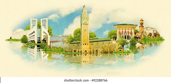 CASABLANCA city high resolution panoramic water color illustration 