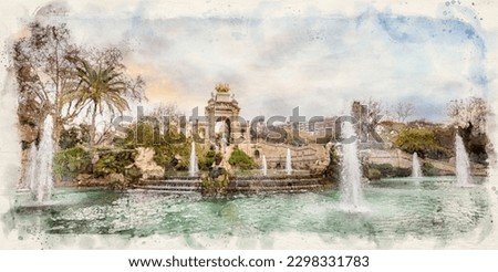 Cascada del Parc de la Ciutadella in Barcelona, Spain. Fountain and monument with an arch and central Venus statue in a 19th-century park in watercolor style illustration