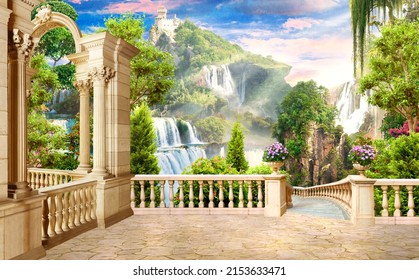 Cascade of waterfalls. A terrace overlooking a beautiful landscape. Frescoes. Photo wallpapers.