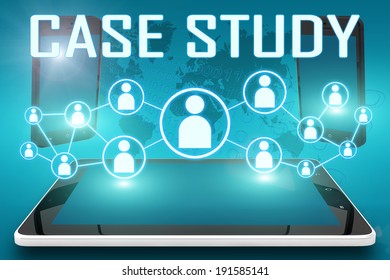 Case Study - Text Illustration With Social Icons And Tablet Computer And Mobile Cellphones On Cyan Digital World Map Background