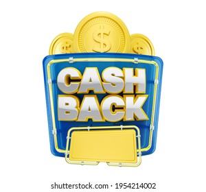 Cash Back Label With Golden Coins. 3d Render Illustration