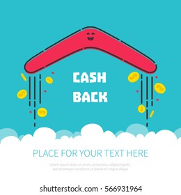 Cash Back Reward Concept. Returning Boomerang With Gold Dollar Coins In The Sky. Money Rebate Design Template In Cartoon Style.