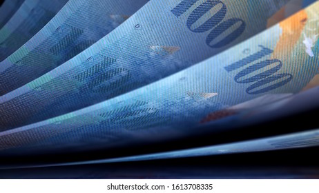 Cash Counting. Swiss Francs (100 CHF) Banknotes. Shallow Depth of Field. Background With Copy Space. 3D Illustration.
