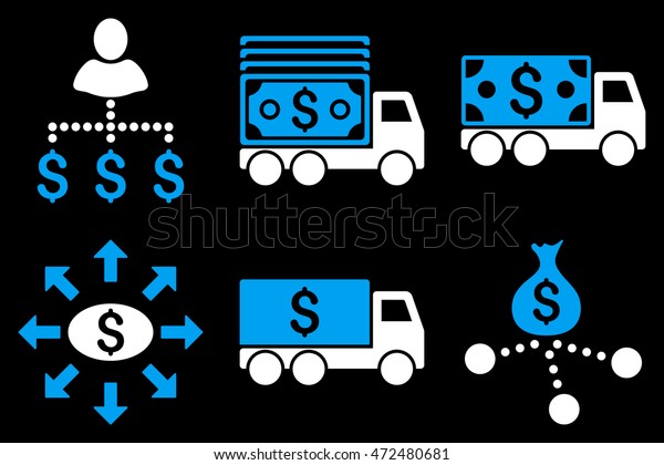 Cash Delivery glyph icons. Pictogram style is\
bicolor blue and white flat icons with rounded angles on a black\
background.