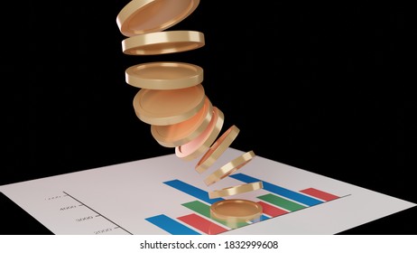 Cash flow concept. Coins on a paper with graphics and statistics data. Business documents with diagrams and charts. Finance and investment. 3D rendered illustration. 