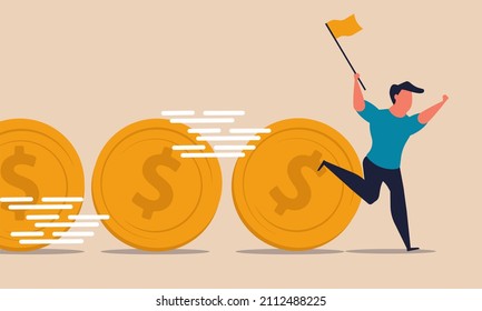 Cash Flow And Fund On Loan To The Bank Money Business. Fundraising Financial Coins And Refinancing Investments People. Man Fast Run With Coin With Flag Illustration. Earn Commission Income