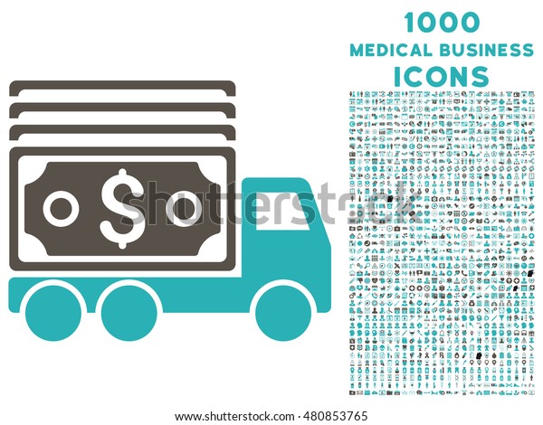 Cash Lorry glyph bicolor icon with 1000\
medical business icons. Set style is flat pictograms, grey and cyan\
colors, white\
background.