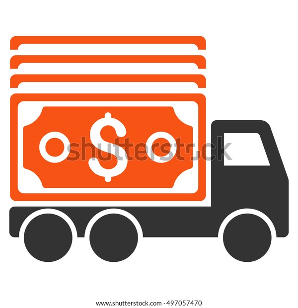 Cash\
Lorry icon. Glyph style is bicolor flat iconic symbol with rounded\
angles, orange and gray colors, white\
background.