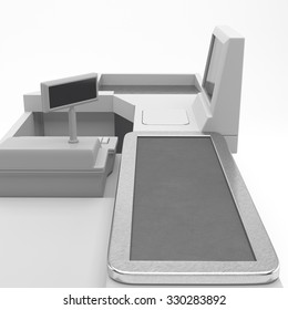 Cash Register. Supermarket Belt Counter With Blank Products. 3D render