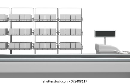 Cash Register. Supermarket Belt Counter With Blank Products. 3D Render