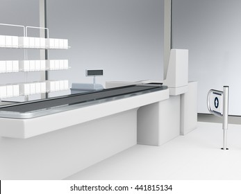 Cash Register. Supermarket Belt Counter. 3D render