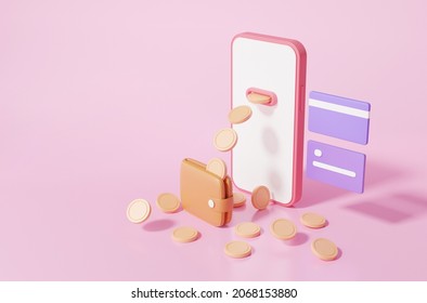 Cashback Concept. Smartphone Coins Floating Credit Card Finance Business Saving Online Payment Money Transfer Via Wallet On Pink Background. Cartoon Minimal. 3d Render Illustration