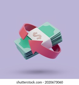 Cashback icon on purple background. Money-saving, cashless. Simple 3d render illustration.