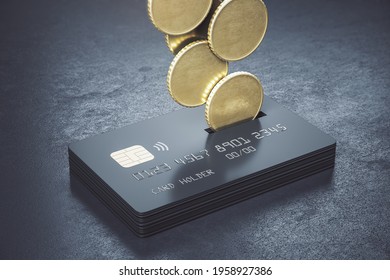 Cashback loyalty programm concept with metal coins bound for a stack of black credit cards on abstract dark surface. 3D rendering