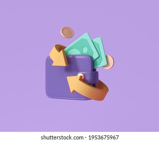 Cashback and money refund icon concept. Wallet, dollar bill and coin stack, online payment on pink background. 3d render illustration 