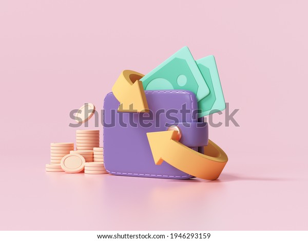 Cashback and money refund icon concept. Wallet, dollar\
bill and coin stack, online payment on pink background. 3d ender\
illustration 