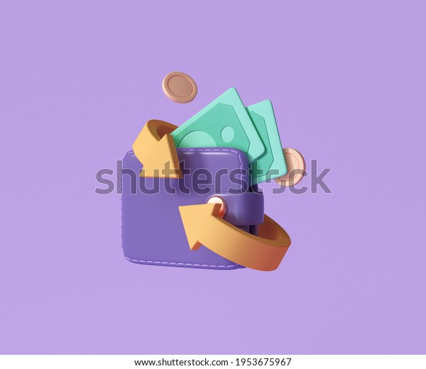 Cashback and money refund icon concept. Wallet, dollar\
bill and coin stack, online payment on pink background. 3d render\
illustration 