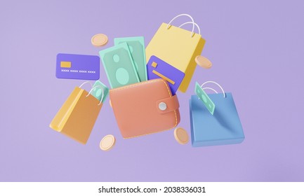 Cashback In Wallet Shopping Bag Floating, Coins, Debit Credit Card Finance Shopping Online Payment Concept. On Purple Pastel Background, Banner, Illustration. 3d Rendering